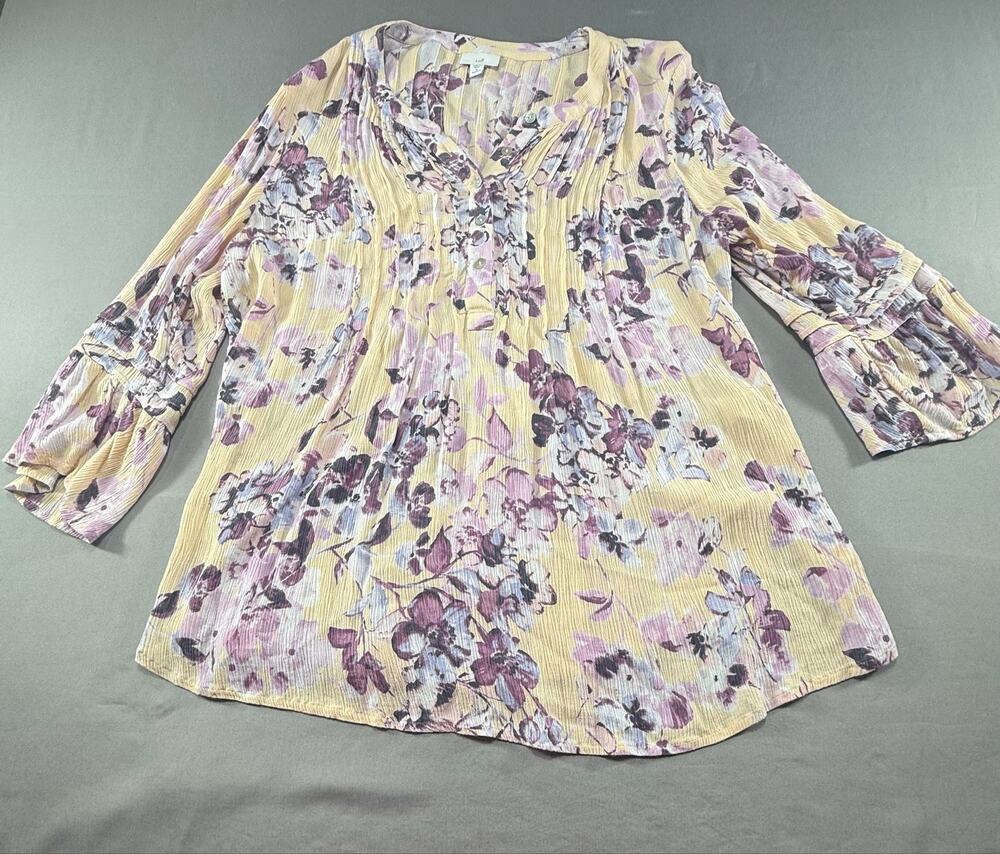 J. Jill 1X Floral Crinkle Blouse Women’s Yellow Purple 3/4 Sleeve Boho Tunic Top